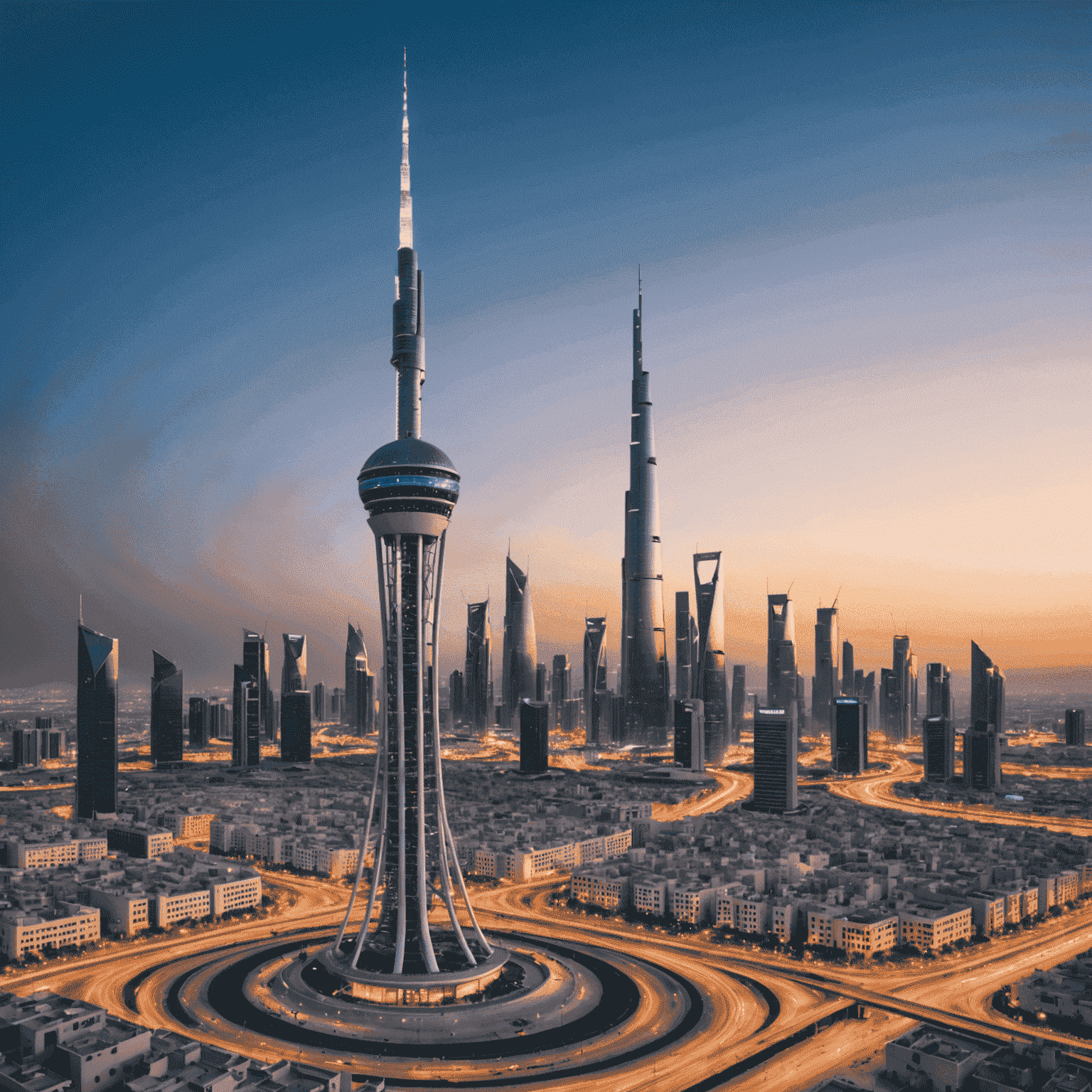 صورة لبرج اتصالات 5G في البحرين مع خلفية المدينة الحديثة